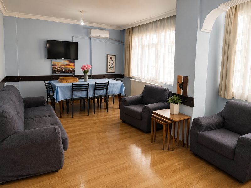 Ortak salon: koltuklar, yemek masası ve televizyon